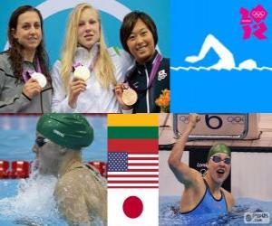 Puzzle Κολύμβηση 100 m πόντιουμ στυλ των γυναικών breaststroke, Rūta Meilutytė (Λιθουανία), Rebecca Soni (Ηνωμένες Πολιτείες) και Satomi Suzuki (Ιαπωνία) - London 2012-